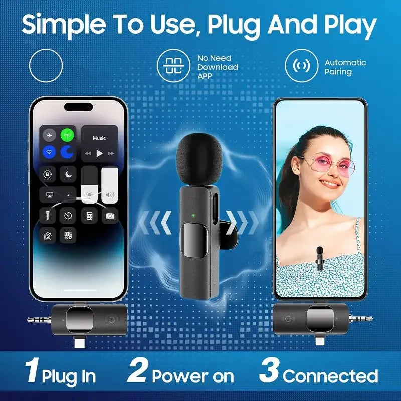 Wireless Microphone for Type-C, iOS, Android, USB & AUX 3.5mm – Single or Dual Mic for Vlogging, Interviews & Podcasts