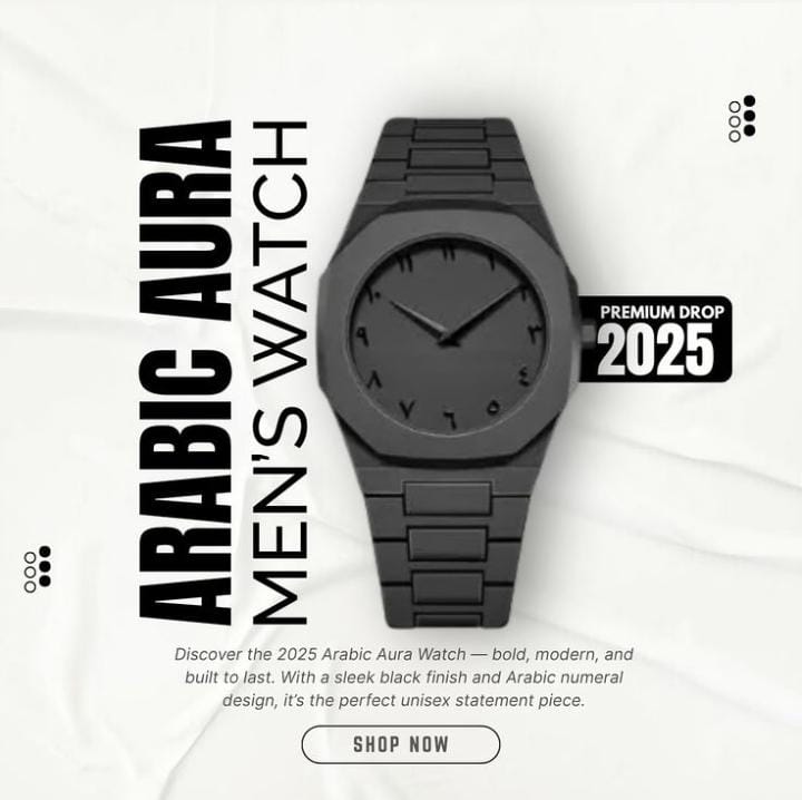 Black Arabic Aura Watch | Elegant Luxury Unisex Design | Stylish Fashion Wristwatch